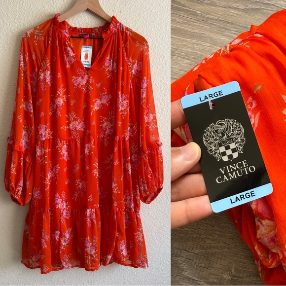 Vince Camuto Orange Floral Women's Dress-Size L- NWT - Picture 3 of 15